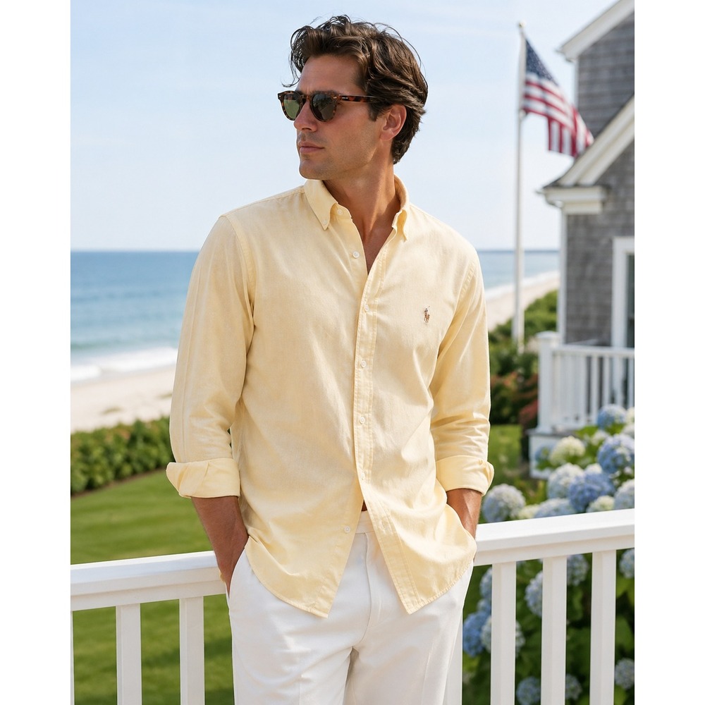 Ralph Lauren 17.5 35 Pale Yellow Button‎ Down Shirt Coastal Preppy Old Money